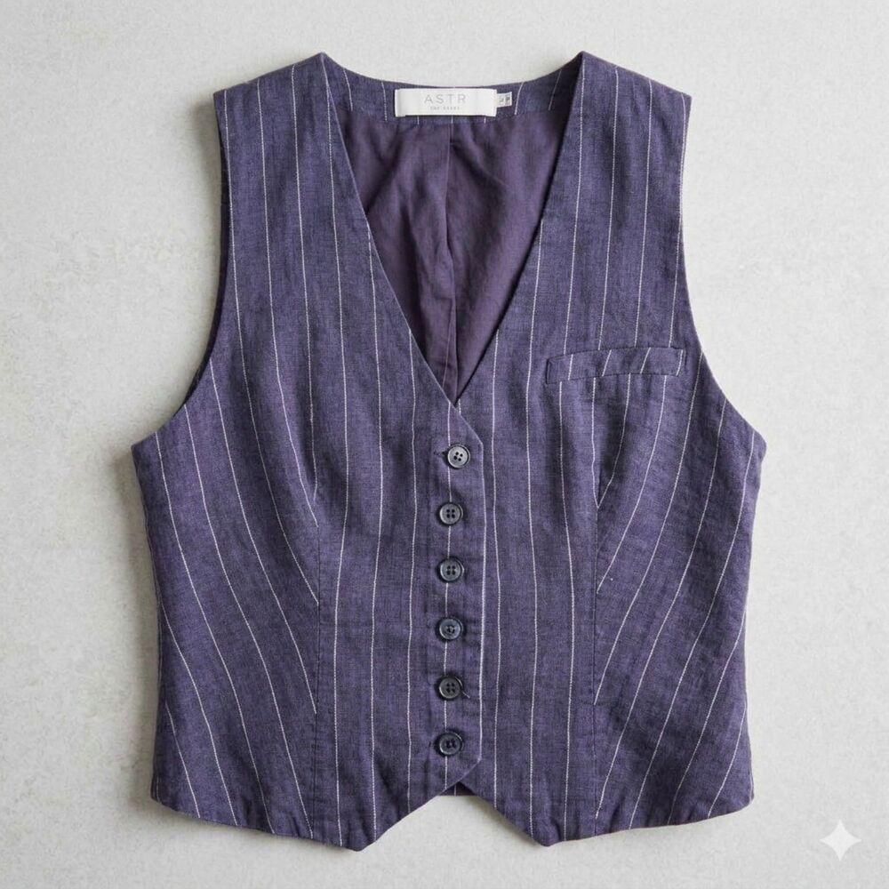ASTR the Label Pinstripe Linen Blend Vest Navy Blue Size Small EUC